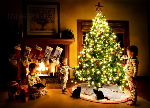 Маленькие дети и котята возле новогодней елки