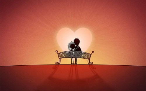Парень и девушка на скамейка смотрят на солнечное сердце