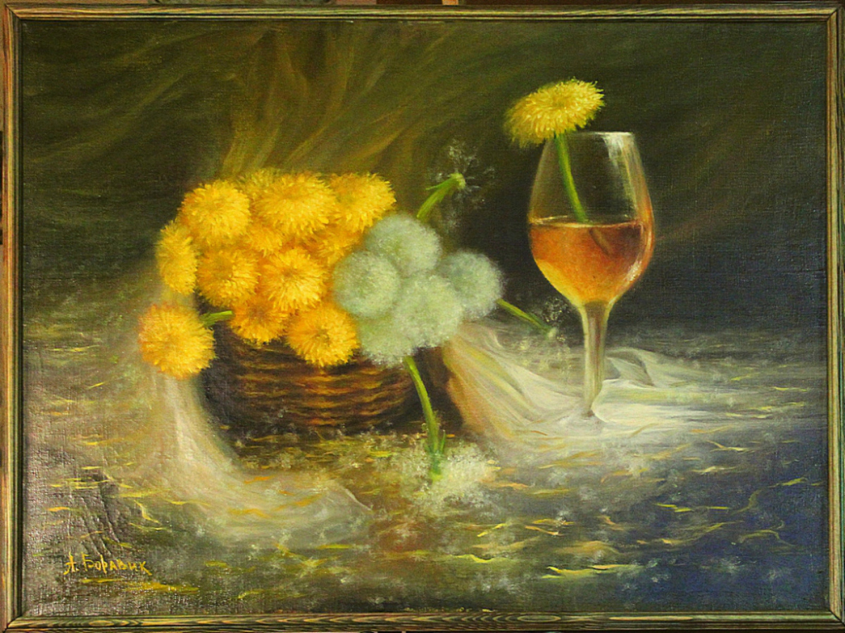 Рисунок с одуванчиками и бокалом вина